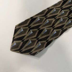Dino Bassi Mens Silk Tie Geometric Diamond Pattern Green Bronze Black Hand Made